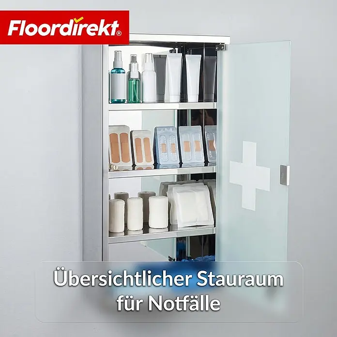 Floordirekt Medizinschrank Allen - Abschließbar mit Glastür - Silber - 60 x 30 cm - 4 Fächer - B x H: 30 x 60 cm, Silber - Edelstahl-Verbandsschrank mit matter Glastür und weißem Kreuz, gefüllt mit medizinischen Hilfsmitteln.