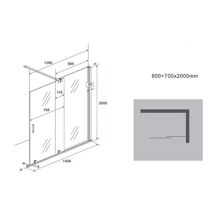 Glasdeals Duschwand Schiebetür-Duschwand 8 mm Glas TRAVERSO schwarz 140 x 200 cm - B x H: 140 x 200 cm, Beschichtet, Schwarz - Eckduschkabine aus Klarglas mit Schiebetür und Metallrahmen, Maße angegeben.