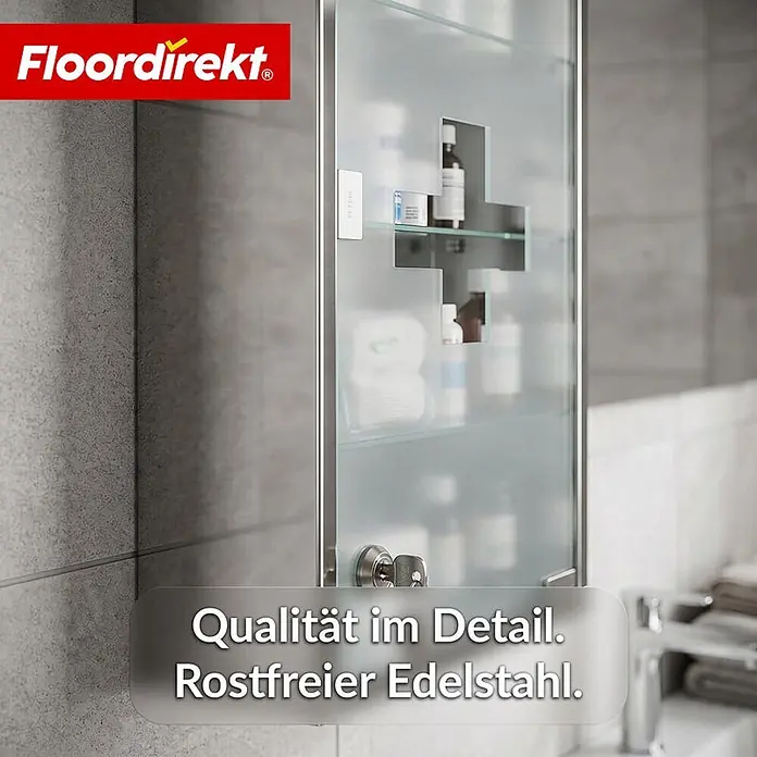 Floordirekt Medizinschrank Allen - Abschließbar mit Glastür - Silber - 60 x 30 cm - 4 Fächer - B x H: 30 x 60 cm, Silber - Edelstahl-Medizinschrank mit mattierter Glastür mit Kreuzdesign, in einem modernen Badezimmer.