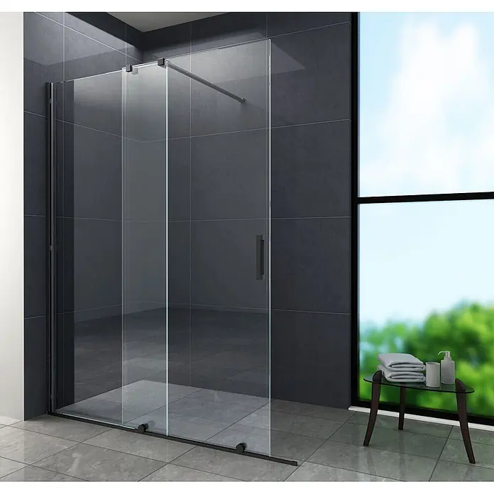 Glasdeals Duschwand Schiebetür-Duschwand 8 mm Glas TRAVERSO schwarz 120 x 200 cm - B x H: 120 x 200 cm, Beschichtet, Schwarz - Moderne Glasduschkabine mit schwarzem Rahmen in einem gefliesten Badezimmer.