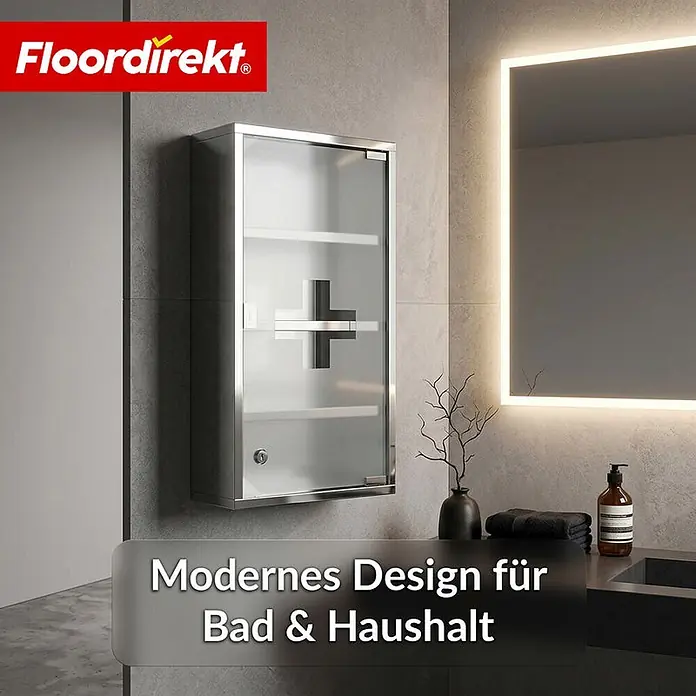 Floordirekt Medizinschrank Allen - Abschließbar mit Glastür - Silber - 60 x 30 cm - 4 Fächer - B x H: 30 x 60 cm, Silber - Modernes silbernes Medizinschränkchen mit Glastür und schwarzem Kreuz, in einem Badezimmer.