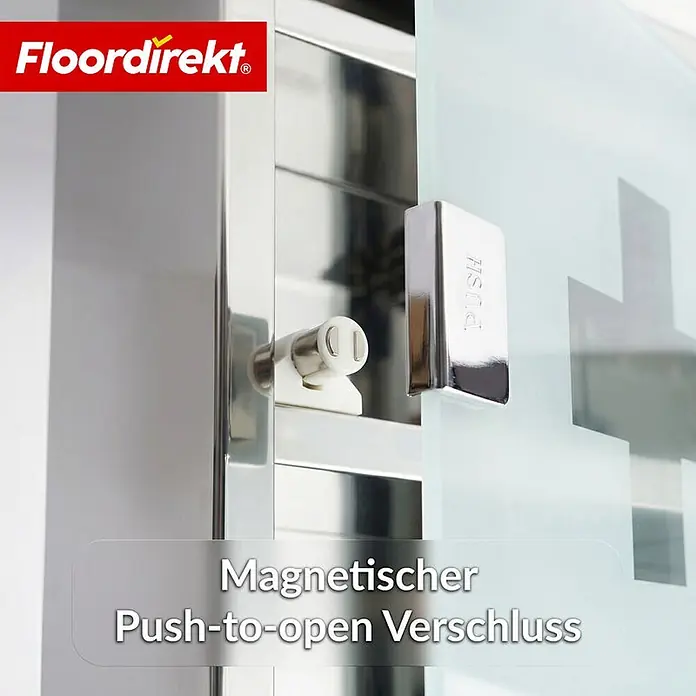 Floordirekt Medizinschrank Allen - Abschließbar mit Glastür - Silber - 60 x 30 cm - 4 Fächer - B x H: 30 x 60 cm, Silber - Weißer magnetischer Push-to-Open Verschluss mit Chrom-Gegenstück an einer Schranktür.