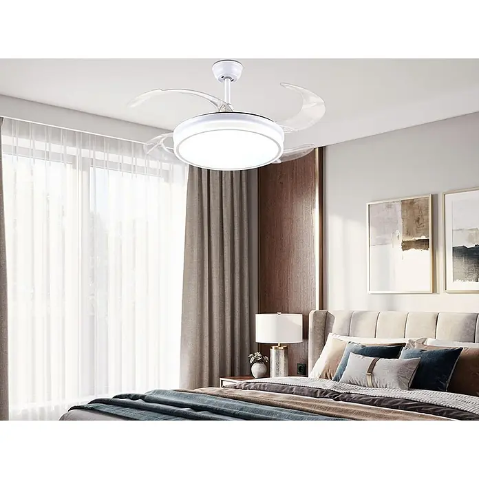 Purline Ventilador de techo Ceily Brise - Blanco, 107 cm, 28 W, Blanco neutro - Ventilador de techo blanco con aspas transparentes retráctiles y luz LED integrada.