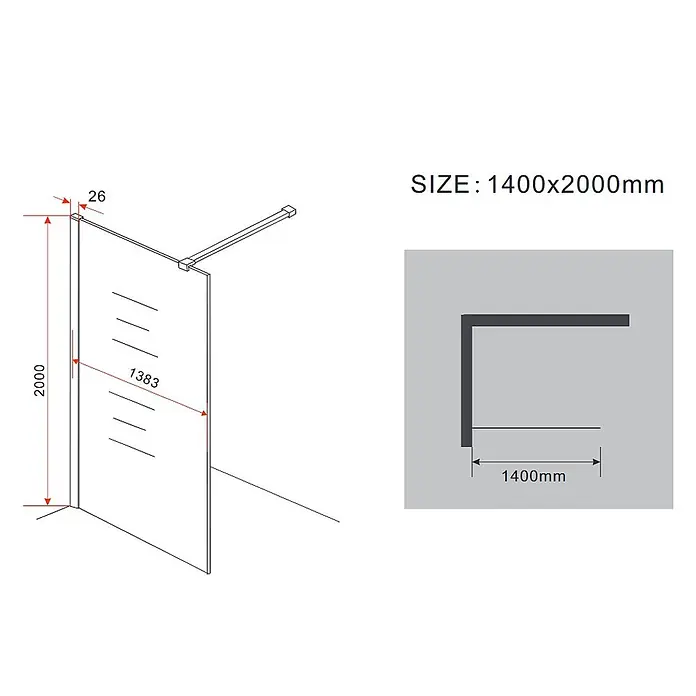 Glasdeals Duschwand Walk-In Duschwand 10 mm Glas AQUOS-MINI 40 x 200 cm - B x H: 40 x 200 cm, Beschichtet, Chrom - Eck-Duschwand, 1400x2000mm, mit Stabilisierungsstange. Schema.