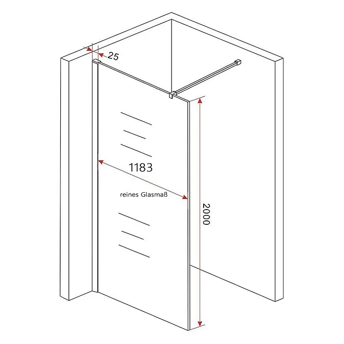 Glasdeals Duschwand Walk-In Duschwand 8 mm Glas TIPO 120 x 200 cm - B x H: 120 x 200 cm, Beschichtet, Chrom - Duschwand aus Glas mit den Maßen: Höhe 2000mm, Glasbreite 1183mm, Wandabstand 25mm.