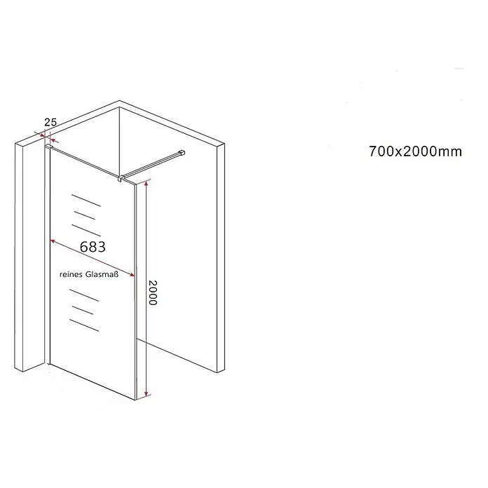 Glasdeals Duschwand Walk-In Duschwand 8 mm Glas TIPO schwarz 70 x 200 cm - B x H: 70 x 200 cm, Beschichtet, Schwarz - Eckduschkabine aus Klarglas mit Metallprofilen, 700x2000mm, Glasbreite 683mm.