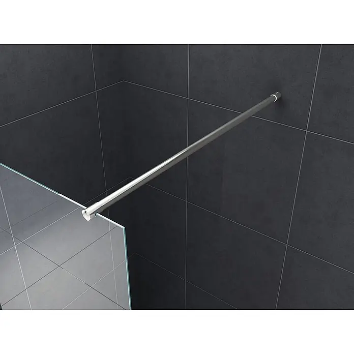 Glasdeals Duschwand Walk-In Duschwand 8 mm Glas STRETTO 100 x 200 cm - B x H: 100 x 200 cm, Beschichtet, Chrom - Polierte Chrom-Duschstange stabilisiert Glaswand, an dunkler Fliesenwand montiert.