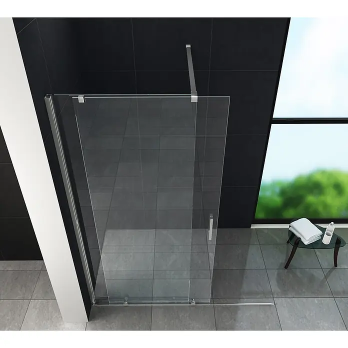 Glasdeals Duschwand Schiebetür-Duschwand 8 mm Glas TRAVERSO 120 x 200 cm - B x H: 120 x 200 cm, Beschichtet, Chrom - Moderne Glasduschkabine mit Chromdetails in einem modernen gefliesten Badezimmer.