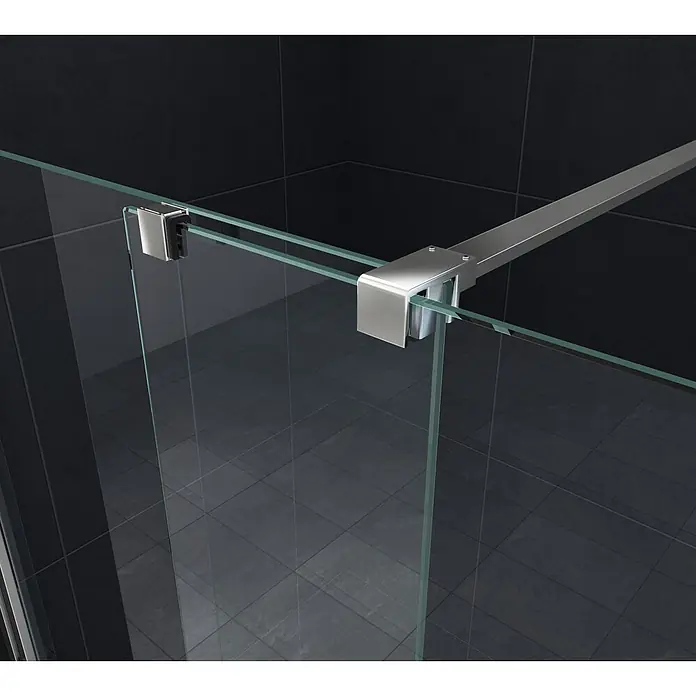 Glasdeals Duschwand Schiebetür-Duschwand 8 mm Glas TRAVERSO 120 x 200 cm - B x H: 120 x 200 cm, Beschichtet, Chrom - Klarglas-Duschwand mit polierten Metallbeschlägen und Stabilisierungsstange, in einer modernen gefliesten Dusche.