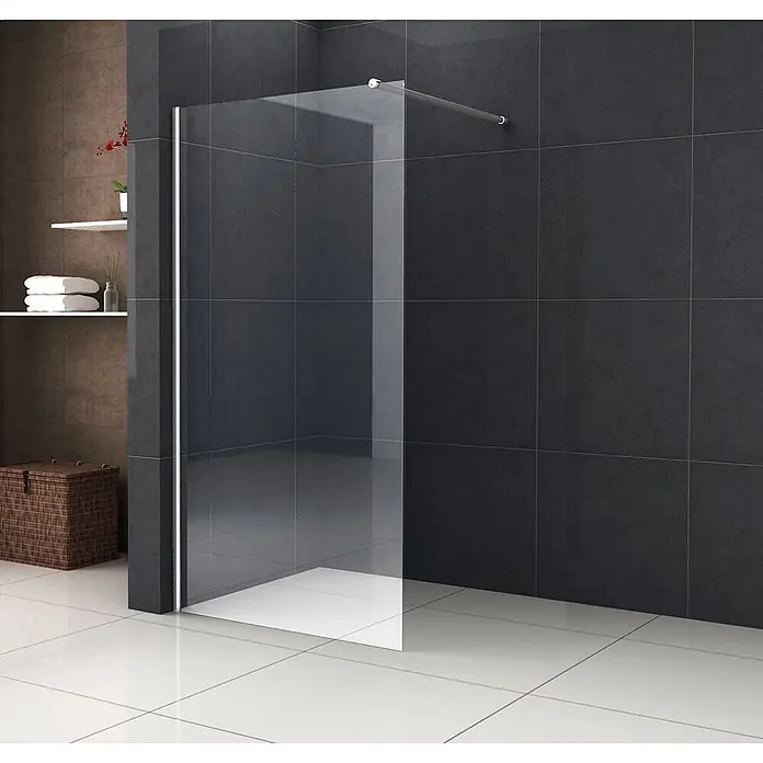 Glasdeals Duschwand Walk-In Duschwand 8 mm Glas STRETTO 100 x 200 cm - B x H: 100 x 200 cm, Beschichtet, Chrom - Klare Glas-Duschwand mit silbernem Wandprofil und Haltestange in einem modernen Badezimmer.