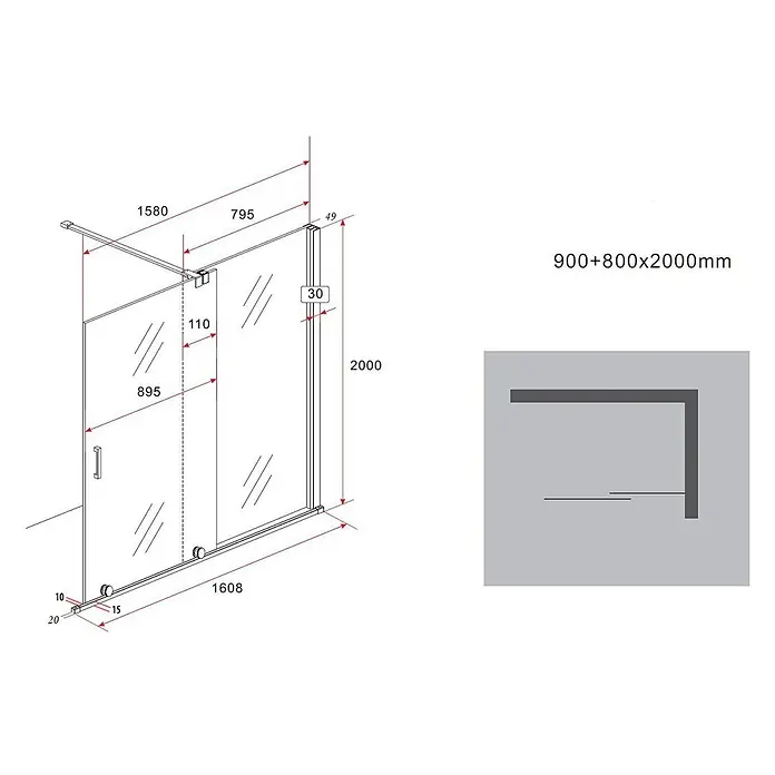 Glasdeals Duschwand Schiebetür-Duschwand 8 mm Glas TRAVERSO schwarz 160 x 200 cm - B x H: 160 x 200 cm, Beschichtet, Schwarz - L-förmige Klarglas-Duschkabine mit Schiebetür und Maßen, 900+800x2000mm.
