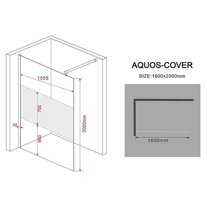 Glasdeals Duschwand Walk-In Duschwand 10 mm Glas AQUOS-COVER 160 x 200 cm - B x H: 160 x 200 cm, Beschichtet, Chrom - AQUOS-COVER begehbare Glasduschtrennwand, 1600x2000mm, mit mattierter Unterseite und Einbaudetails.