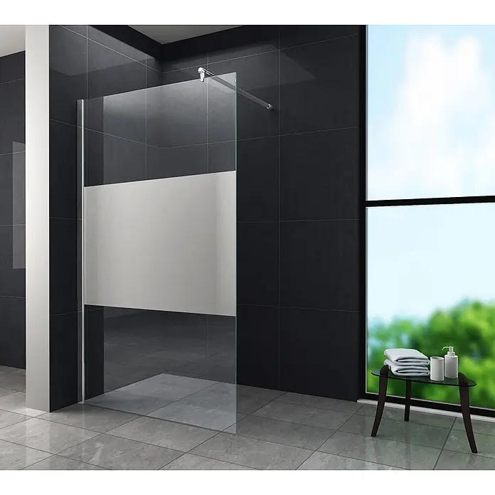 Glasdeals Duschwand Walk-In Duschwand 10 mm Glas AQUOS-COVER 140 x 200 cm - B x H: 140 x 200 cm, Beschichtet, Chrom - Begehbare Glasduschwand mit mattiertem Sichtschutzstreifen, gestützt durch ein Chrom-Wandprofil und eine obere Stabilisierungsstange.