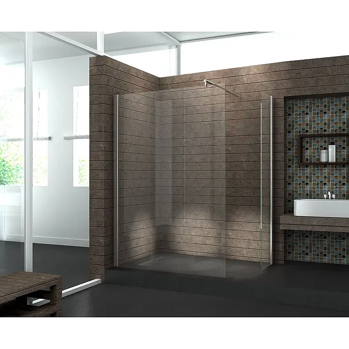 Glasdeals Duschwand Walk-In Duschwand 10 mm Glas AQUOS-MINI 30 x 200 cm - B x H: 30 x 200 cm, Beschichtet, Chrom - Duschkabine aus Klarglas mit silbernen Profilen in einem modernen Badezimmer mit dunklen Holzoptikfliesen.