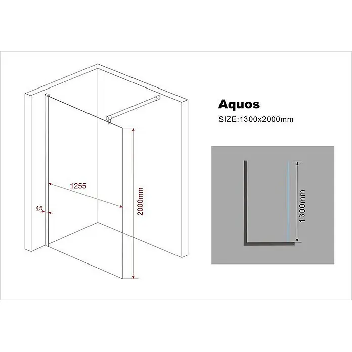 Glasdeals Duschwand Walk-In Duschwand 10 mm Glas AQUOS-MINI 30 x 200 cm - B x H: 30 x 200 cm, Beschichtet, Chrom - Aquos Eckduschkabine mit Glaswand, Haltestange und Maßen 1300x2000mm.