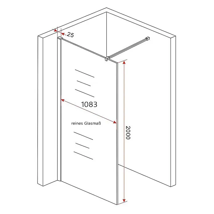 Glasdeals Duschwand Walk-In Duschwand 8 mm Glas TIPO schwarz 110 x 200 cm - B x H: 110 x 200 cm, Beschichtet, Schwarz - Duschwand aus Glas, 1083x2000mm, mit Stabilisierungsstange, in einer Duschkabine installiert.
