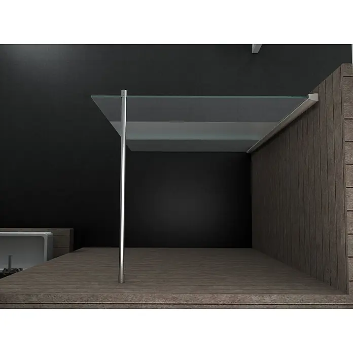 Glasdeals Duschwand Walk-In Duschwand 10 mm Glas AQUOS-COVER 140 x 200 cm - B x H: 140 x 200 cm, Beschichtet, Chrom - Klarglas-Duschwand mit silberner Metallstützstange, installiert in einem Bad mit dunklen Fliesen und Holzfußboden.