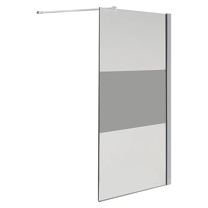 Glasdeals Duschwand Walk-In Duschwand 10 mm Glas AQUOS-COVER 140 x 200 cm - B x H: 140 x 200 cm, Beschichtet, Chrom - Duschabtrennung aus Glas mit grauem, undurchsichtigem Querstreifen, klaren Abschnitten und silberner Stützstange und Wandprofil.
