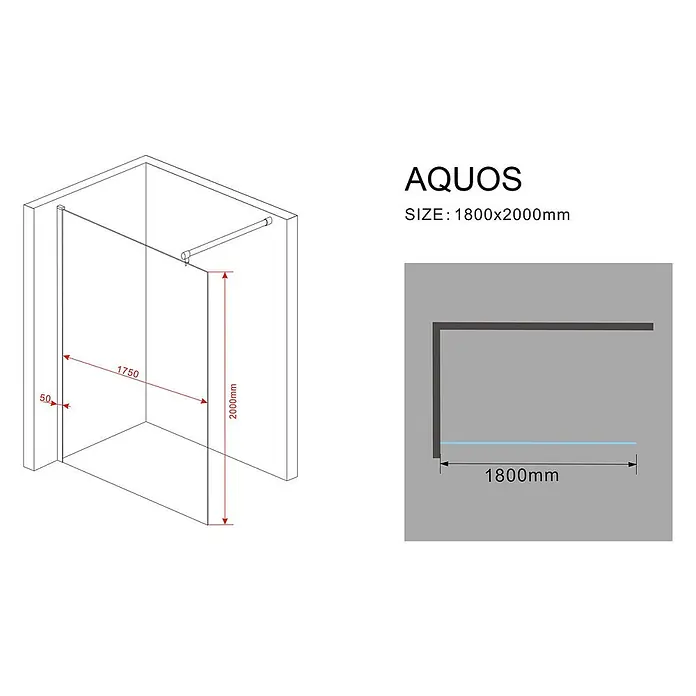 Glasdeals Duschwand Walk-In Duschwand 10 mm Glas AQUOS 180 x 200 cm - B x H: 180 x 200 cm, Beschichtet, Chrom - Walk-in Duschwand aus Glas mit Metallstrebe, Maße 1800x2000mm.