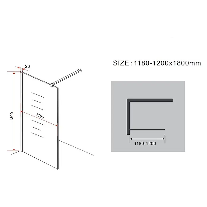Glasdeals Duschwand Walk-In Duschwand 10 mm Glas AQUOS-SPEZIAL 118 x 180 cm - B x H: 118 x 180 cm, Beschichtet, Chrom - Eck-Walk-in-Duschabtrennung mit zwei Glaspaneelen und Stabilisierungsstange, 1180-1200x1800mm.