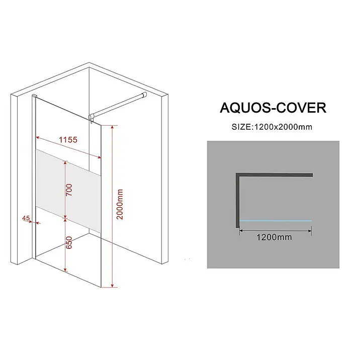 Glasdeals Walk-In Duschwand 10 mm Glas AQUOS-COVER 120 x 200 cm 3443 -  - Feste Glas-Duschwand (1200x2000mm) mit Stützstange für Eckmontage.