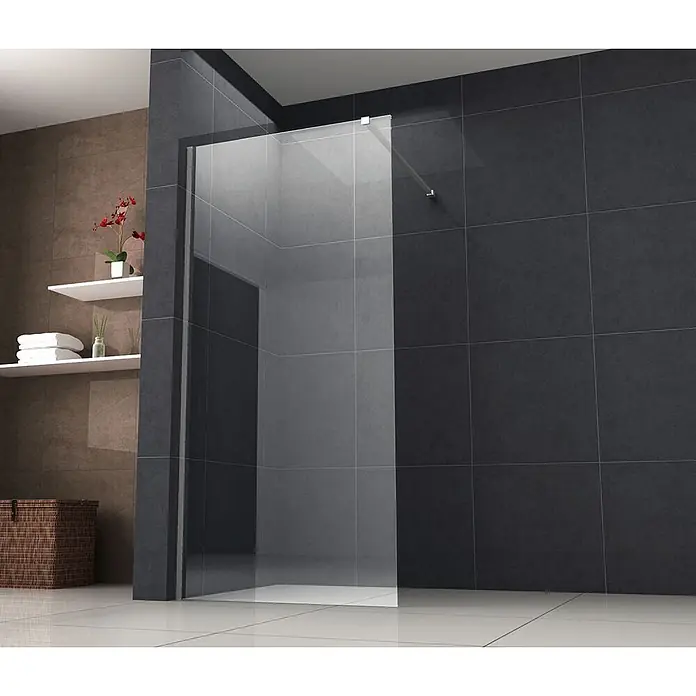 Glasdeals Duschwand Walk-In Duschwand 8 mm Glas TIPO 70 x 200 cm - B x H: 70 x 200 cm, Beschichtet, Chrom - Duschwand aus Klarglas in einem modernen Badezimmer mit dunklen Fliesen.