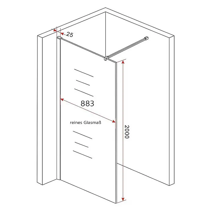 Glasdeals Duschwand Walk-In Duschwand 8 mm Glas TIPO 90 x 200 cm - B x H: 90 x 200 cm, Beschichtet, Chrom - Walk-in Duschtrennwand aus Glas mit Stabilisationsstange, Maße: Höhe 2000mm, Glasbreite 883mm, für Eckmontage.