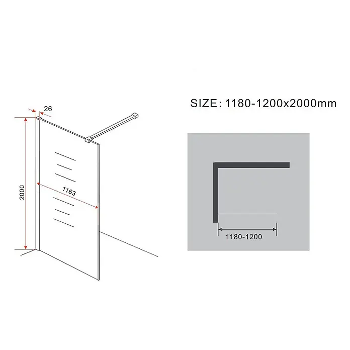 Glasdeals Duschwand Walk-In Duschwand 10 mm Glas AQUOS-Dublo 180 x 200 cm - B x H: 180 x 200 cm, Beschichtet, Chrom - Eck-Duschabtrennung mit Glaswänden und Metallstrebe, verstellbare Breite 1180-1200mm, Höhe 2000mm.