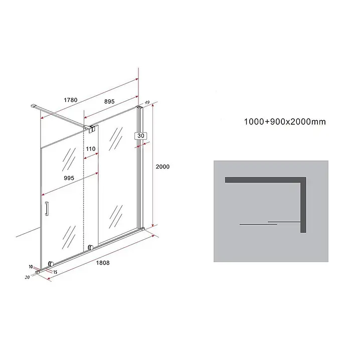 Glasdeals Duschwand Schiebetür-Duschwand 8 mm Glas TRAVERSO schwarz 180 x 200 cm - B x H: 180 x 200 cm, Beschichtet, Schwarz - L-förmige Duschkabine aus Klarglas mit Metallrahmen, Schiebetür und technischen Abmessungen.