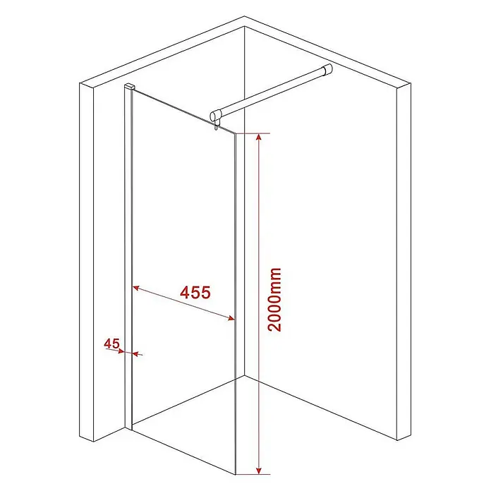 Glasdeals Duschwand Walk-In Duschwand 10 mm Glas AQUOS 50 x 200 cm - B x H: 50 x 200 cm, Beschichtet, Chrom - Glas-Duschwand mit Stabilisatorstange, Maße: Höhe 2000mm, Breite 455mm, Wandprofil 45mm.