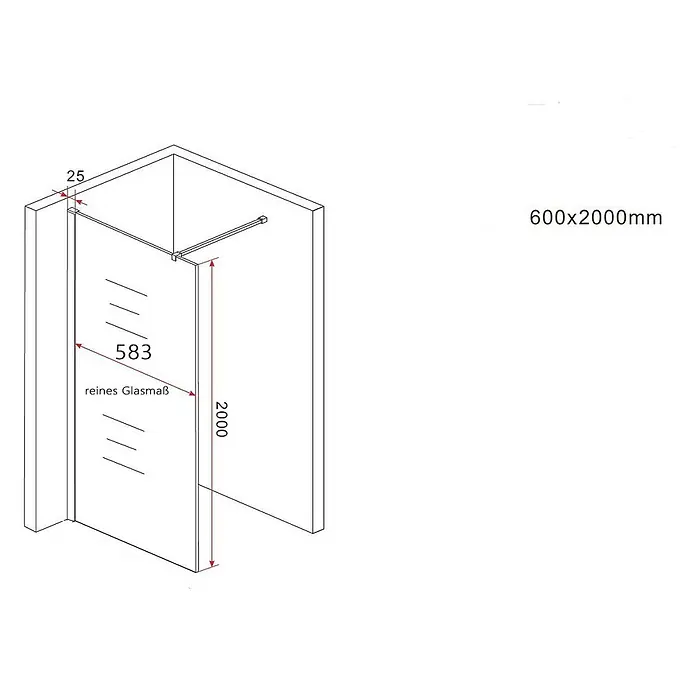 Glasdeals Duschwand Walk-In Duschwand 8 mm Glas TIPO schwarz 60 x 200 cm - B x H: 60 x 200 cm, Beschichtet, Schwarz - Eckduschkabine aus transparentem Glas mit Profilen, Maße 600x2000mm, Glasplatte 583x2000mm.
