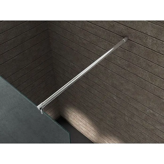 Glasdeals Duschwand Walk-In Duschwand 8 mm Spiegelglas AQUOS-MIRROR 140 x 200 cm - B x H: 140 x 200 cm, Beschichtet, Chrom - Duschstabilisierungsstange aus Chrom, die eine Glaswand mit einer dunklen Wand verbindet.