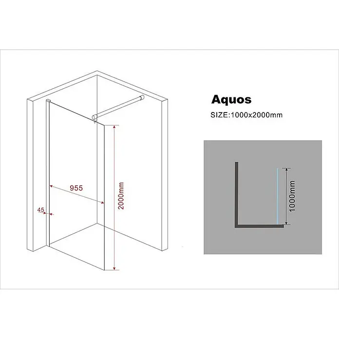 Glasdeals Duschwand Walk-In Duschwand 10 mm Glas AQUOS 100 x 200 cm - B x H: 100 x 200 cm, Beschichtet, Chrom - Aquos Eckduschkabine aus Glas, 1000x2000mm, mit silberfarbenem Rahmen.