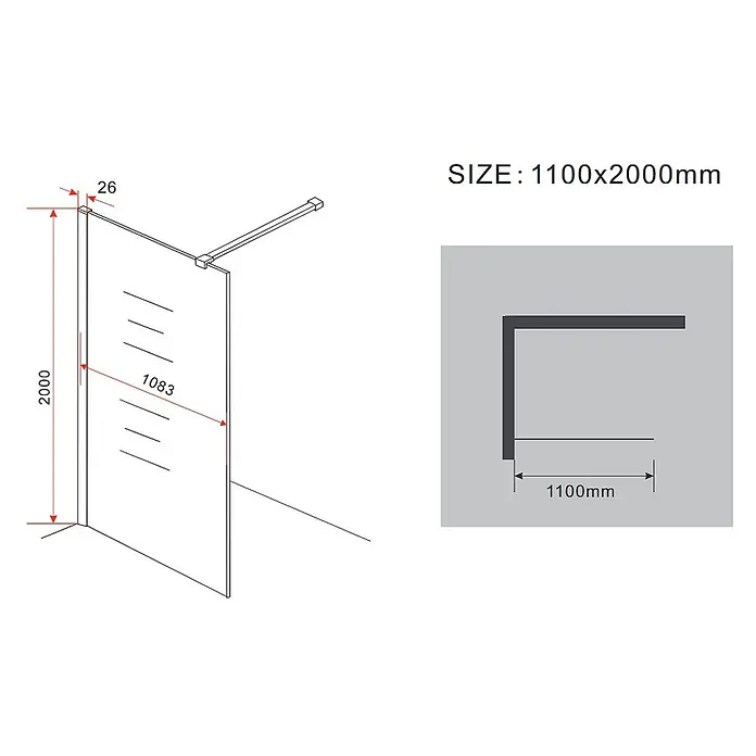 Glasdeals Duschwand Walk-In Duschwand 10 mm Glas AQUOS 110 x 200 cm - B x H: 110 x 200 cm, Beschichtet, Chrom - Technische Zeichnung einer Glas-Duschwand mit Metallstrebe, 1100x2000mm.