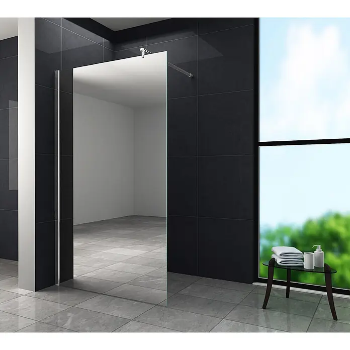 Glasdeals Duschwand Walk-In Duschwand 8 mm Spiegelglas AQUOS-MIRROR 140 x 200 cm - B x H: 140 x 200 cm, Beschichtet, Chrom - Duschwand aus Klarglas in modernem, dunkel gefliestem Badezimmer mit großem Fenster.