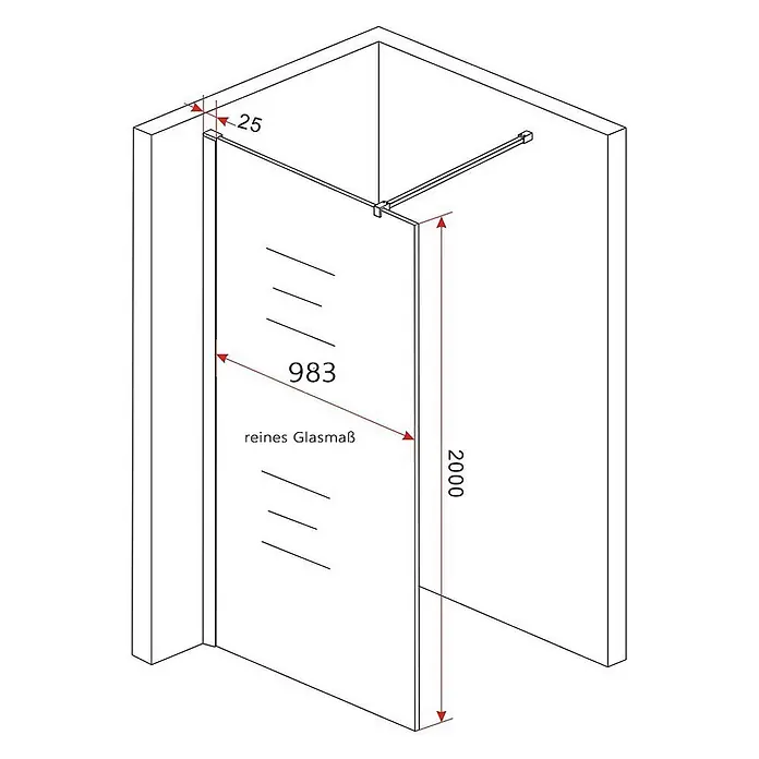 Glasdeals Duschwand Walk-In Duschwand 8 mm Glas TIPO schwarz 100 x 200 cm - B x H: 100 x 200 cm, Beschichtet, Schwarz - Walk-In Duschwand aus Klarglas, 983x2000mm, mit 25mm Wandabstand und Haltestange.