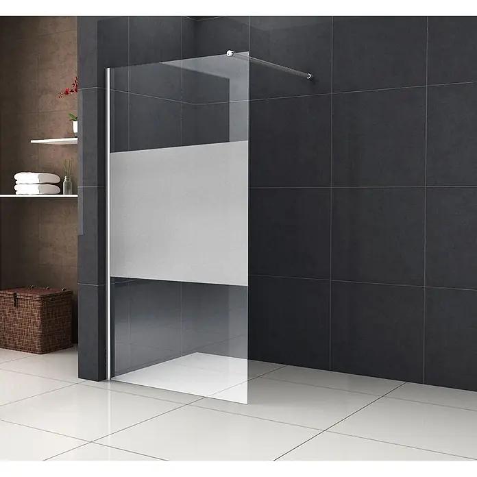 Glasdeals Duschwand Walk-In Duschwand 8 mm Glas STRETTO-COVER 100 x 200 cm - B x H: 100 x 200 cm, Beschichtet, Chrom - Transparente Glas-Duschwand mit mattiertem Sichtschutzstreifen in einem modernen Badezimmer.