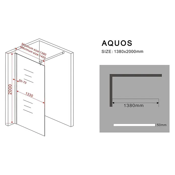 Glasdeals Duschwand Walk-In Duschwand 10 mm Glas AQUOS-SPEZIAL 138 x 200 cm - B x H: 138 x 200 cm, Beschichtet, Chrom - AQUOS Eckduschkabine mit Klarglaswänden, 1380x2000mm, zeigt verstellbaren Einbaubereich.