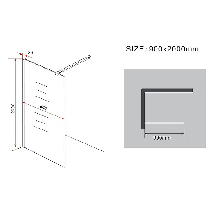 Glasdeals Duschwand Walk-In Duschwand 10 mm Glas AQUOS 90 x 200 cm - B x H: 90 x 200 cm, Beschichtet, Chrom - Eckduschabtrennung mit klarer Glasscheibe und Haltearm, 900x2000mm.