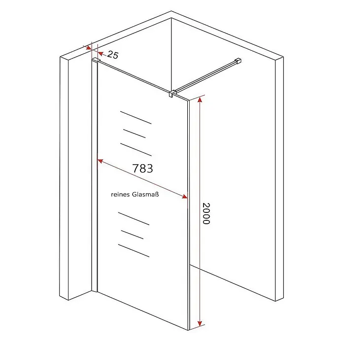 Glasdeals Duschwand Walk-In Duschwand 8 mm Glas TIPO schwarz 80 x 200 cm - B x H: 80 x 200 cm, Beschichtet, Schwarz - Klarglas-Duschkabine mit Eckstütze und Maßen.
