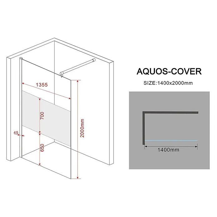 Glasdeals Duschwand Walk-In Duschwand 10 mm Glas AQUOS-COVER 140 x 200 cm - B x H: 140 x 200 cm, Beschichtet, Chrom - Klarglas-Duschwand (1400x2000mm) mit mattem Sichtschutzstreifen und Metallbeschlägen zur Nischenmontage.