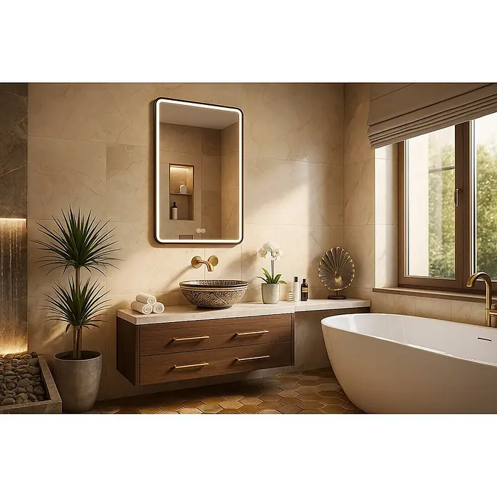 Cordia Lichtspiegel - 50 x 90 cm, Schwarz - Modernes Badezimmer mit dunklem Holzwaschtisch, gemusterter Aufsatzwaschschale, beleuchtetem Spiegel und eleganter weißer freistehender Badewanne.