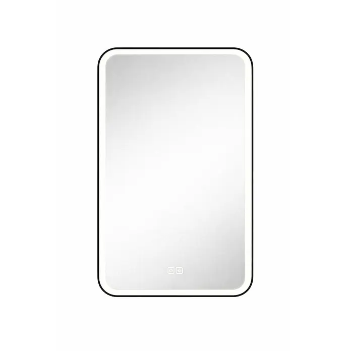 Cordia Lichtspiegel - 50 x 90 cm, Schwarz - Rechteckiger LED-Badspiegel mit abgerundeten Ecken, schwarzem Rahmen, integriertem Lichtband und zwei Touch-Bedienelementen.