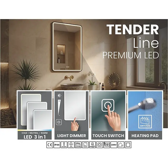 Cordia Lichtspiegel - 50 x 90 cm, Schwarz - Rechteckiger LED-Badezimmerspiegel mit beleuchtetem Rahmen, Touch-Bedienung, Dimmer und Anti-Beschlag-Heizung über einem Waschbecken.