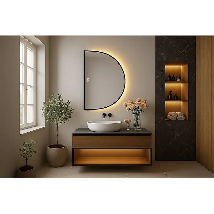 Cordia Lichtspiegel - 60 x 100 cm, Schwarz - Ein modernes Badezimmer mit einem Holzwaschtisch, einem beleuchteten Halbkreisspiegel und beleuchteten Wandregalen.
