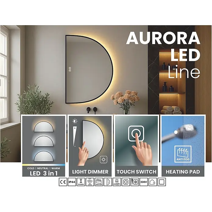 Cordia Lichtspiegel - 60 x 100 cm, Schwarz - Schwarz gerahmter Halbkreis-LED-Spiegel mit 3-in-1-Beleuchtung, Dimmer, Touch-Schalter und Anti-Beschlag-Heizung, in modernem Bad.
