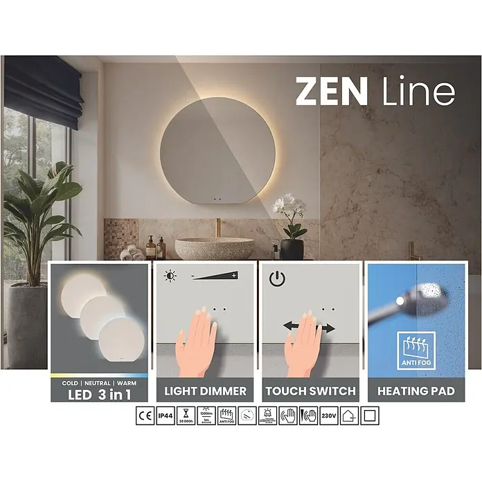 Cordia Lichtspiegel - 80 x 75 cm, Silber - Runder LED-Spiegel mit einstellbarem Licht, dimmbar, Touch-Steuerung und Anti-Beschlag-Heizung, im modernen Bad.
