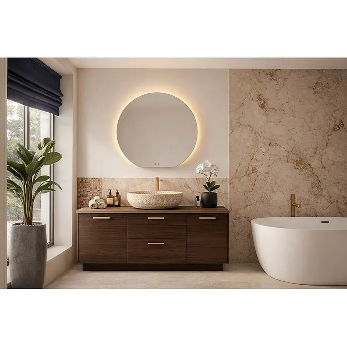 Cordia Lichtspiegel - 80 x 75 cm, Silber - Modernes Badezimmer mit dunklem Holzwaschtisch, gemusterter Waschschüssel, beleuchtetem Spiegel und freistehender Badewanne in warmer Umgebung.