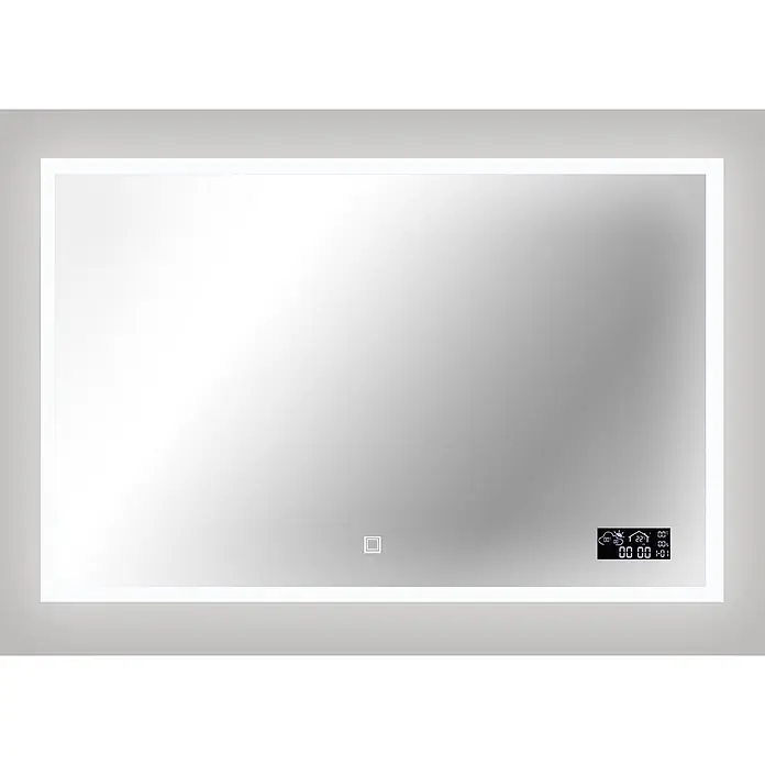 Cordia Lichtspiegel - 100 x 65 cm, Silber, Uhr - Rechteckiger Smart-LED-Spiegel mit integriertem Licht, Digitalanzeige für Uhrzeit/Wetter und Touch-Steuerung.