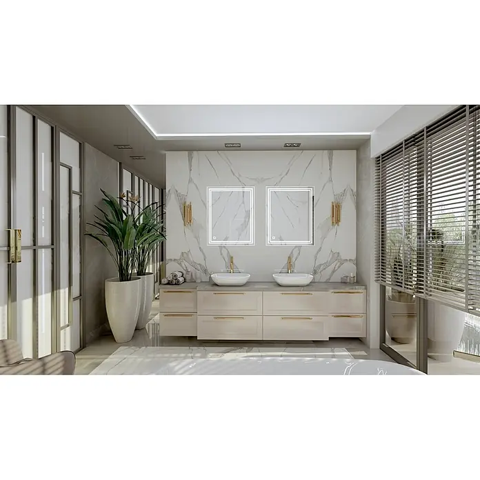 Cordia Lichtspiegel - 65 x 80 cm, Silber - Elegante Doppelwaschtischanlage mit beigen Schränken, goldenen Griffen, weißen Aufsatzwaschbecken und LED-Spiegeln an Marmorwand.